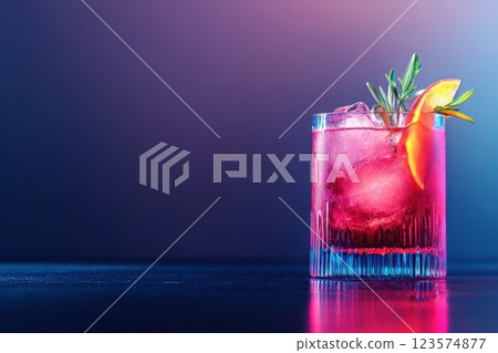 Glowing cocktail with neon garnish stands out in a dark bar atmosphere 123574877