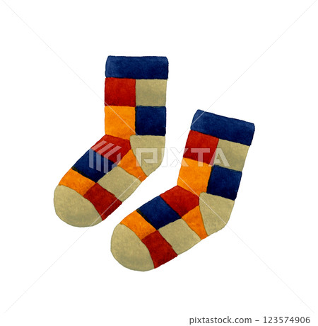 Natural block check pattern socks Hand-drawn watercolor illustration of fashion item Natural block check pattern socks Hand-drawn watercolor illustration of fashion item 123574906
