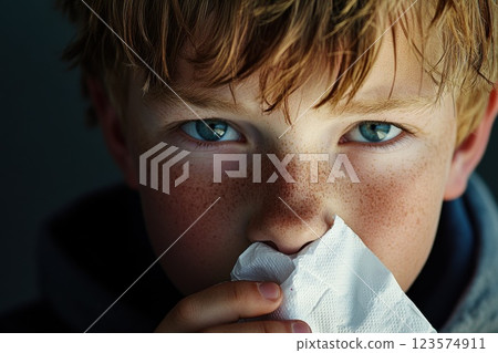Teenage boy with chronic nosebleeds holding tissue indoors 123574911