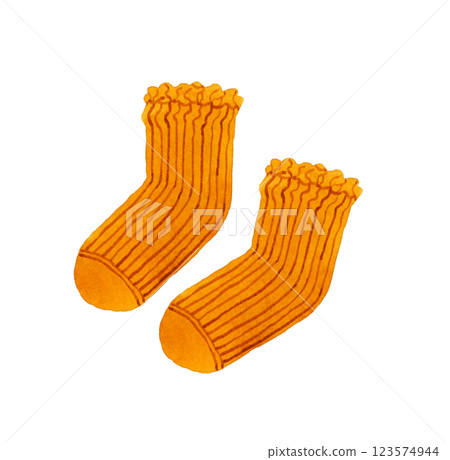 Orange crinkled socks Fashion item hand-drawn watercolor illustration material Orange crinkled socks Fashion item hand-drawn watercolor illustration material 123574944