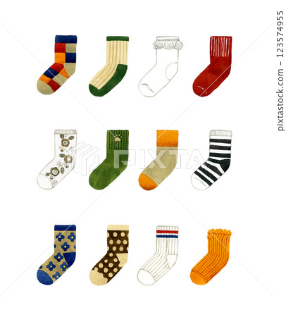 A set of natural socks - Hand-drawn watercolor illustrations of fashion items A set of natural socks - Hand-drawn watercolor illustrations of fashion items 123574955