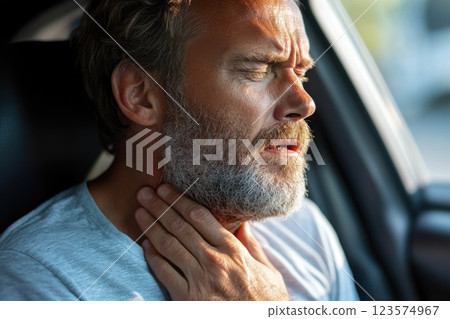 Man in car struggles with intense panic attack while feeling breathless and anxious 123574967