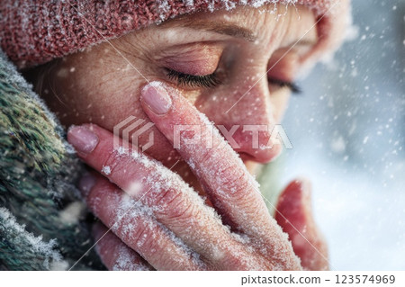 Woman with Raynauds disease rubs cold fingers in snowy outdoor winter setting 123574969