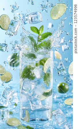 Refreshing mojito splashes with mint and lime in a vibrant summer setting 123574996