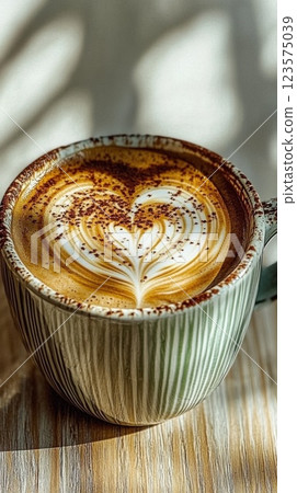 Cozy cappuccino with heart latte art on wooden table in bright cafe setting 123575039