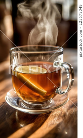 Enjoying a warm cup of tea with lemon in a cozy setting on a chilly day Enjoying a warm cup of tea with lemon in a cozy setting on a chilly day 123575049