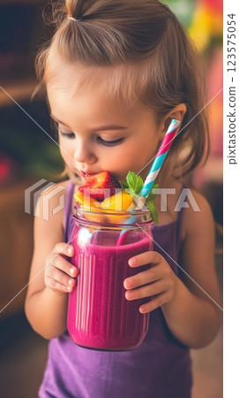 Child enjoys a colorful smoothie in a sunlit kitchen filled with fresh fruit and cheer 123575054