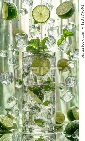 Mojito glass with exploding ingredients creates a refreshing drink effect in mid air 123575061