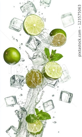 Refreshing splash of water with lime slices and mint leaves in vibrant mid air display 123575063