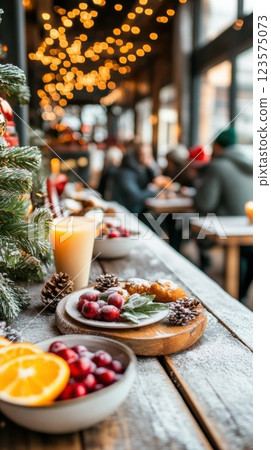 Friends gather around a table celebrating Christmas with joy and festive spirit in cozy surroundings 123575073