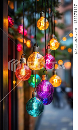 Friends gather under vibrant Christmas lights during joyful holiday celebration 123575127