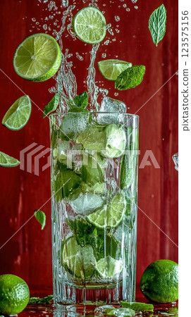 Mojito glass with ice mint and lime splashing in vibrant setting 123575156