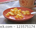 Pieces of cheese on a plate with a cup of coffee. Digital painting. 123575174
