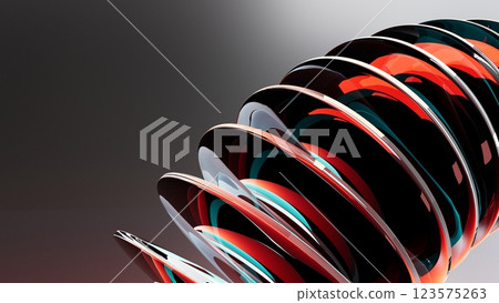 Colorful futuristic 3D illustration with mirrored glass or metal ellipses floating in a semicircle arc along a line on a gradient background. Unusual conceptual object for background 123575263