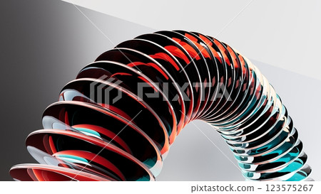 Colorful futuristic 3D illustration with mirrored glass or metal ellipses floating in a semicircle arc along a line on a gradient background. Unusual conceptual object for background 123575267