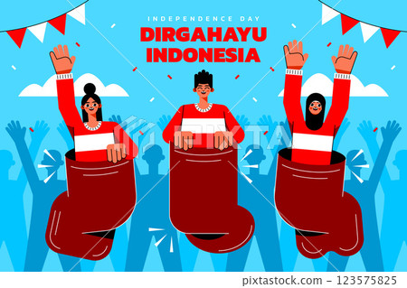 Flat indonesia independence day background with people racing in sacks Flat indonesia independence day background with people racing in sacks 123575825