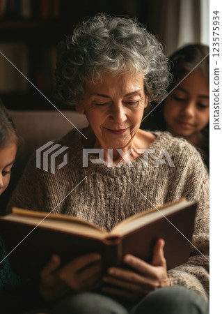 An elderly grandmother reading a book An elderly grandmother reading a book 123575934