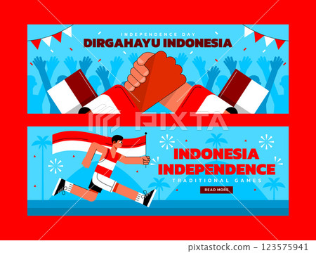 Flat indonesia independence day horizontal banners set with handshake 123575941