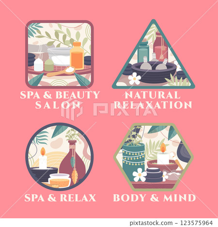 Flat design boho spa treatment label set 123575964