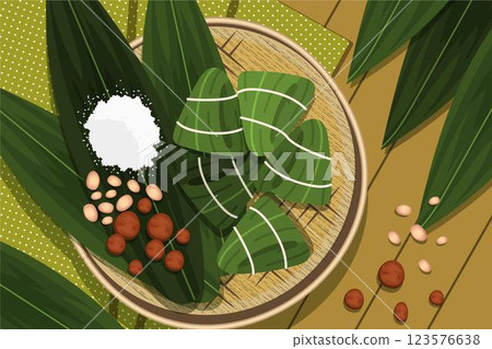 Flat dragon boat's zongzi background Flat dragon boat's zongzi background 123576638