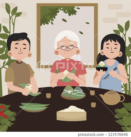 Flat dragon boat family preparing and eating zongzi illustration Flat dragon boat family preparing and eating zongzi illustration 123576646