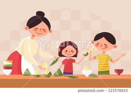 Organic flat dragon boat family preparing and eating zongzi illustration Organic flat dragon boat family preparing and eating zongzi illustration 123576655