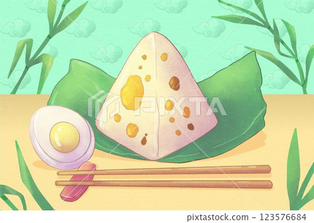 Hand painted watercolor dragon boat's zongzi background 123576684