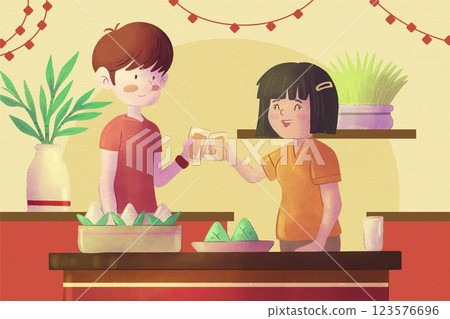 Hand painted watercolor dragon boat's zongzi background 123576696