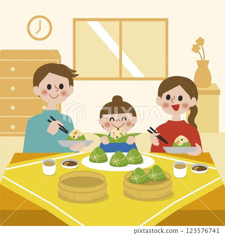 Flat dragon boat family preparing and eating zongzi illustration 123576741