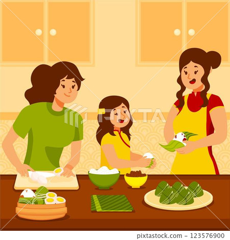 Organic flat dragon boat family preparing and eating zongzi illustration Organic flat dragon boat family preparing and eating zongzi illustration 123576900