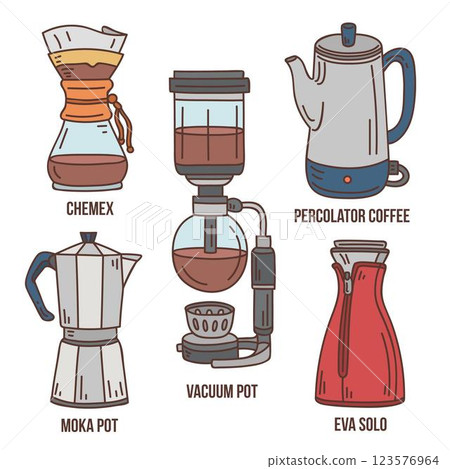 Hand drawn coffee brewing methods set 123576964