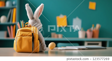 plush bunny with backpack sits at desk in classroom 123577269