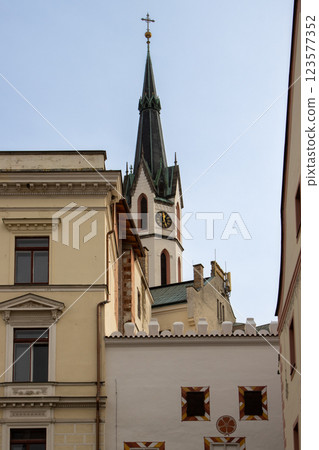 Tower of Saint Vitus church, Cesky Krumlov, Czechia 123577352