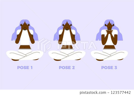 Woman with violet hair self-healing with reiki poses Woman with violet hair self-healing with reiki poses 123577442