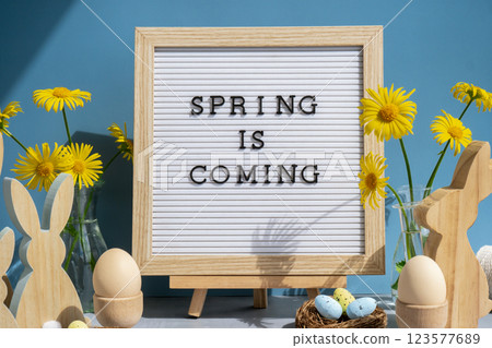 Letter board with message SPRING IS COMING on festive blue background and eco-friendly zero waste natural decoration. Yellow daisies flowers. Bunny egg. Holiday greeting 123577689