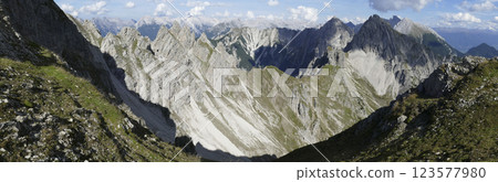 Panoramic view Freyungen mountains from Nordlinger hut on Karwendel Hohenweg, Austria Panoramic view Freyungen mountains from Nordlinger hut on Karwendel Hohenweg, Austria 123577980