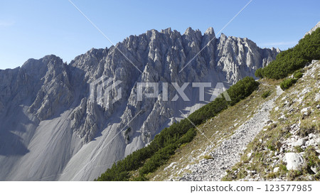 Eppzirler Scharte, Karwendel mountains, Solsteinhaus hut on Karwendel Hohenweg, Austria 123577985