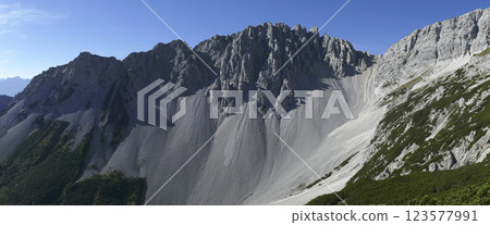 Stempeljoch at Karwendel mountains on Karwendel Hohenweg in Austria Stempeljoch at Karwendel mountains on Karwendel Hohenweg in Austria 123577991