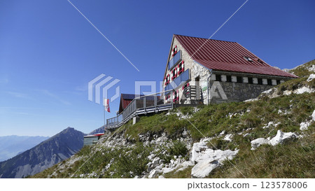 Bettelwurf hut at Karwendel mountains on Karwendel Hohenweg in Austria Bettelwurf hut at Karwendel mountains on Karwendel Hohenweg in Austria 123578006