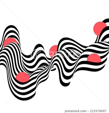 Abstract background of black and white wavy stripes with red circles on a white background. Illusion. Eps 10 123578047