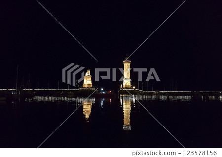 Lindau Harbour at night, in Bavaria, Germany 123578156