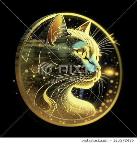 Golden portrait of a cat on a coin. A charming cat is depicted on the coin. AI generated. 123578430
