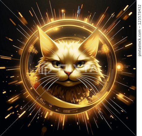 Golden portrait of a cat on a coin. A charming cat is depicted on the coin. AI generated. 123578432