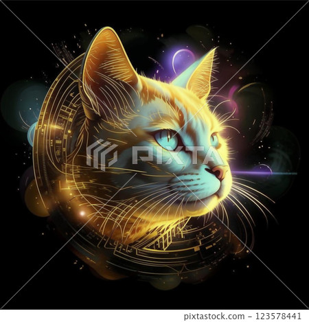 Golden 3D portrait of a cat. Image of a charming cat in 3D graphics. AI generated. 123578441