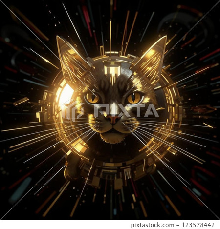 Golden 3D portrait of a cat. Image of a charming cat in 3D graphics. AI generated. 123578442