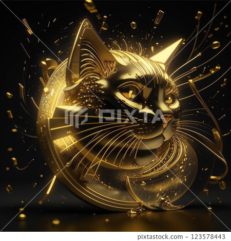 Golden 3D portrait of a cat. Image of a charming cat in 3D graphics. AI generated. 123578443