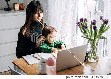 Mother and child using laptop together. Tech-savvy parenting, digital tools, online learning, screen time management, virtual workspaces 123578532