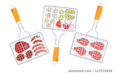 BBQ basket with meat vegetables and fish. Grill and barbecue, metal barbecue device with food. Cooking supplies, outdoor meal cook equipment, cartoon flat style isolated vector concept BBQ basket with meat vegetables and fish. Grill and barbecue, metal barbecue device with food. Cooking supplies, outdoor meal cook equipment, cartoon flat style isolated vector concept 123578658