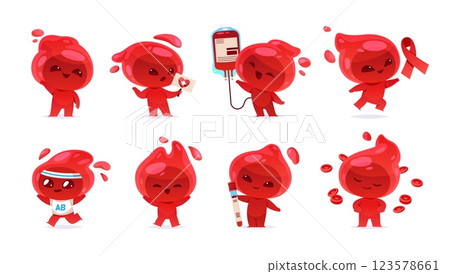 Cartoon blood drop. Cute red mascot, funny creation, donation smiling character, different poses and actions, medical theme. Donation and transfusion tidy vector isolated set 123578661