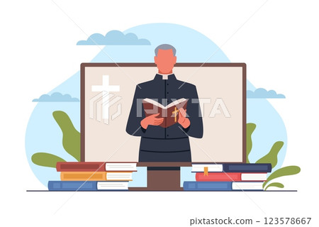Church online learning. Internet sermon, catholic pastor hold holy book, character on computer screen. Website audience, religion application. Cartoon flat style isolated vector concept Church online learning. Internet sermon, catholic pastor hold holy book, character on computer screen. Website audience, religion application. Cartoon flat style isolated vector concept 123578667